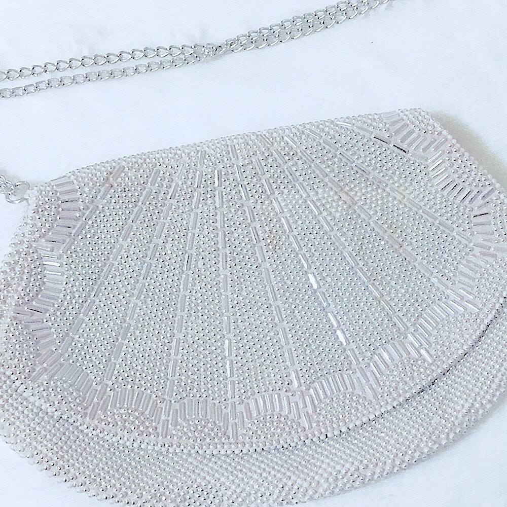 Rare VTG: Glitzy Hollywood Glamour 1940-1950’s Evening Bag Hand Beaded SeaShell - Picture 3 of 16